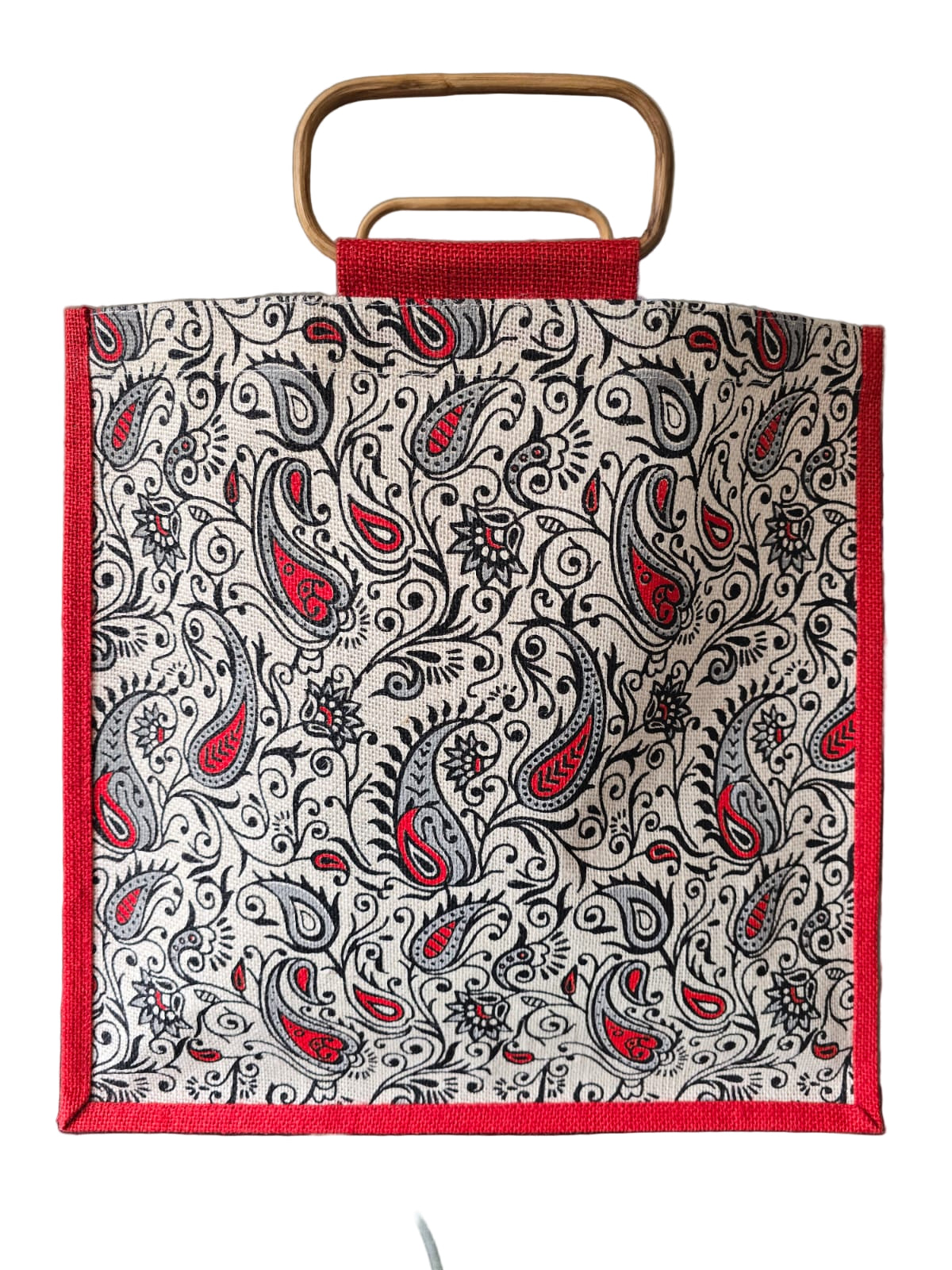 JUTE FASHION BAG  traditional paisley motif in black and red tones