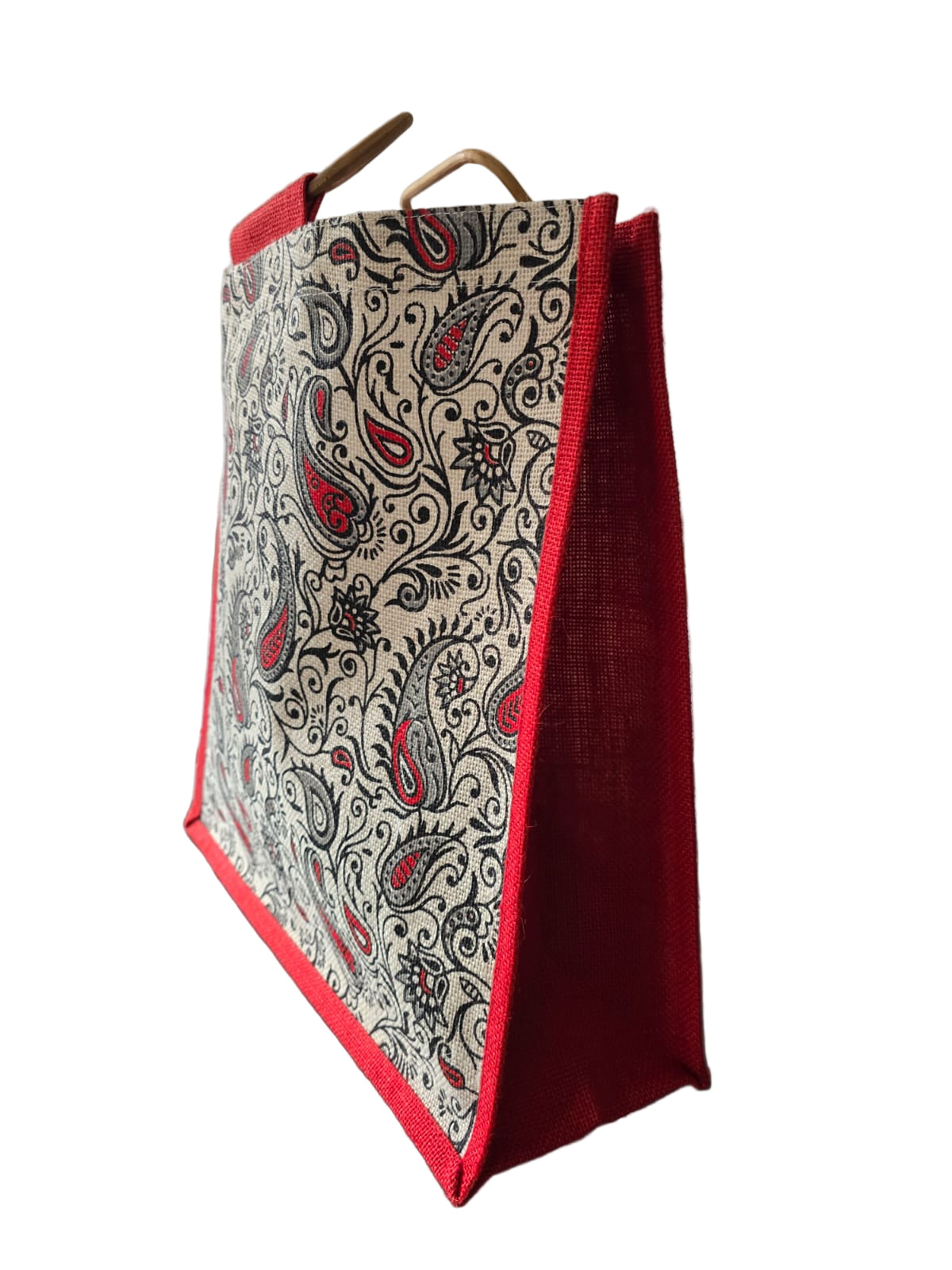 JUTE FASHION BAG  traditional paisley motif in black and red tones