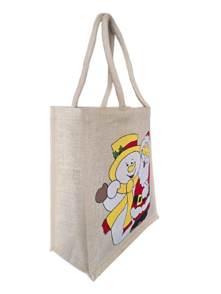 JUTE FASHION BAG  cheerful Santa Claus and snowman print