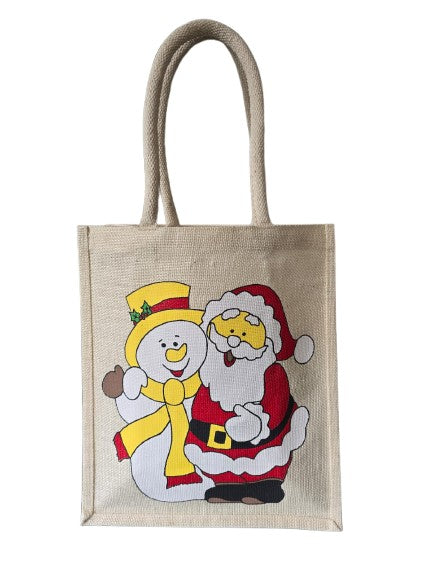 JUTE FASHION BAG  cheerful Santa Claus and snowman print